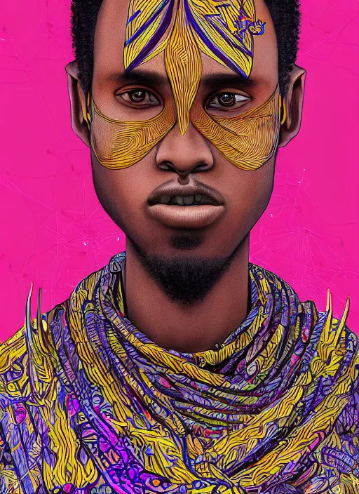 Image similar to closeup portrait of a 2 0 year old somali man, an ultrafine detailed illustration by james jean, intricate linework, bright colors, final fantasy, behance contest winner, vanitas, angular, altermodern, unreal engine 5 highly rendered, global illumination, radiant light, detailed and intricate environment