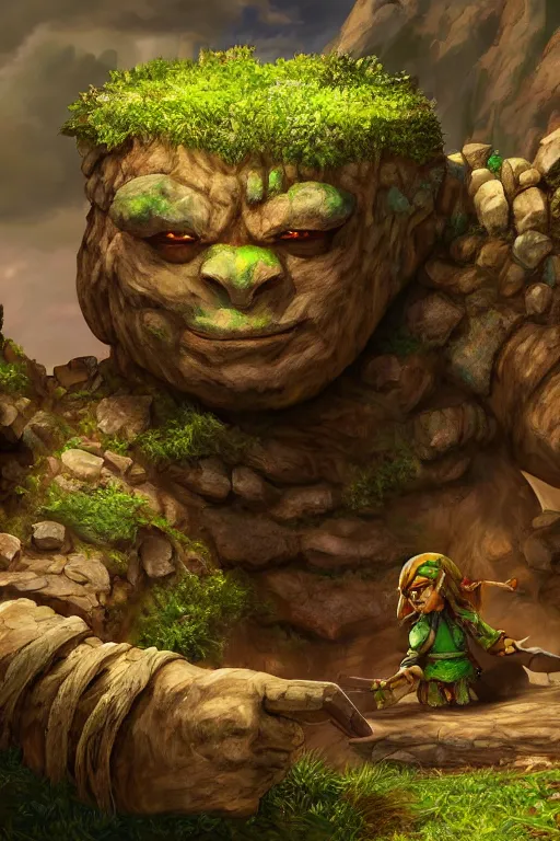 Image similar to zelda fantasy art giant golem troll wood rock greeble gemstone, global illumination ray tracing hdr fanart arstation by sung choi and eric pfeiffer and gabriel garza and casper konefal