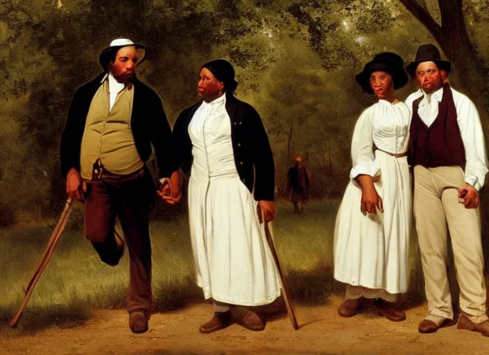 Image similar to white and black people are friends in the old south, art by george caleb bingham and thomas anshutz