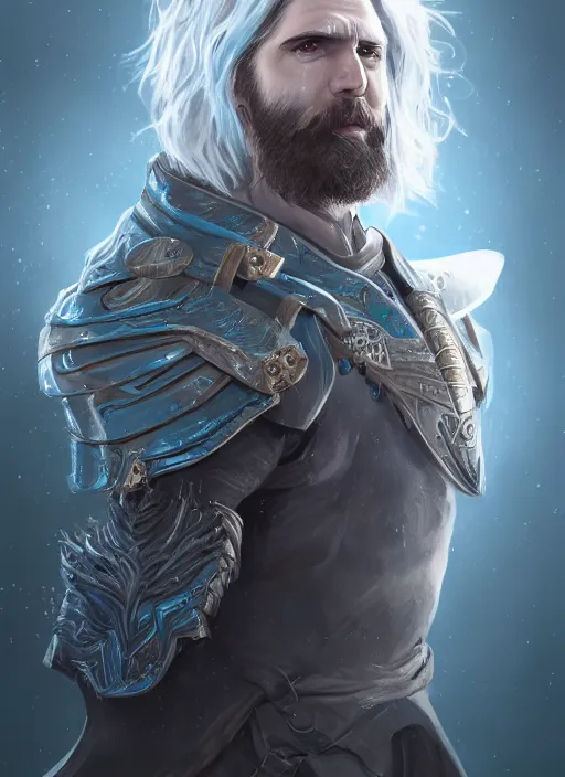 Image similar to an epic fantastic realism comic book style portrait painting of an aasimar paladin, male, shaggy silver hair, short brown beard, d & d concept art, unreal 5, daz, teal aesthetic, octane render, cosplay, rpg portrait, dynamic lighting