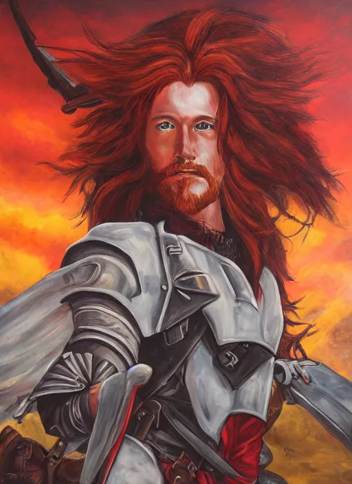 Image similar to epic fantasy portrait painting of a long haired, red headed male sky - pirate in front of an airship in the style of the gundam