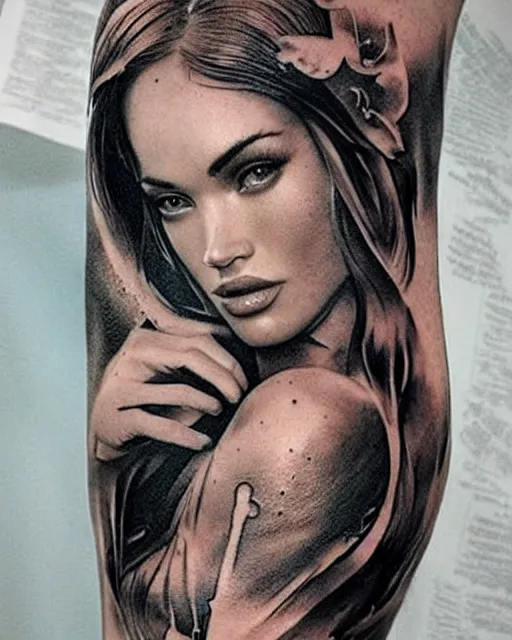 Image similar to double exposure effect tattoo design sketch that combines megan fox with beautiful mountain scenery, realism tattoo, in the style of den yakovlev, amazing detail, sharp