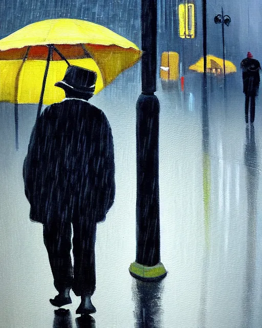 Image similar to a painting of an old man walking down the street, rain, an ultrafine detailed painting, by cabu, featured on deviantart, detailed painting, deviantart