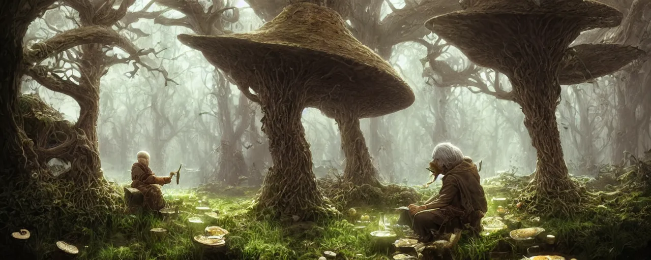 Image similar to an old wizard sitting under a mushroom tree casting a spell, D&D, fantasy, intricate, cinematic lighting, highly detailed, digital painting, artstation, concept art, smooth, sharp focus, illustration, art by Terry Moore and Greg Rutkowski