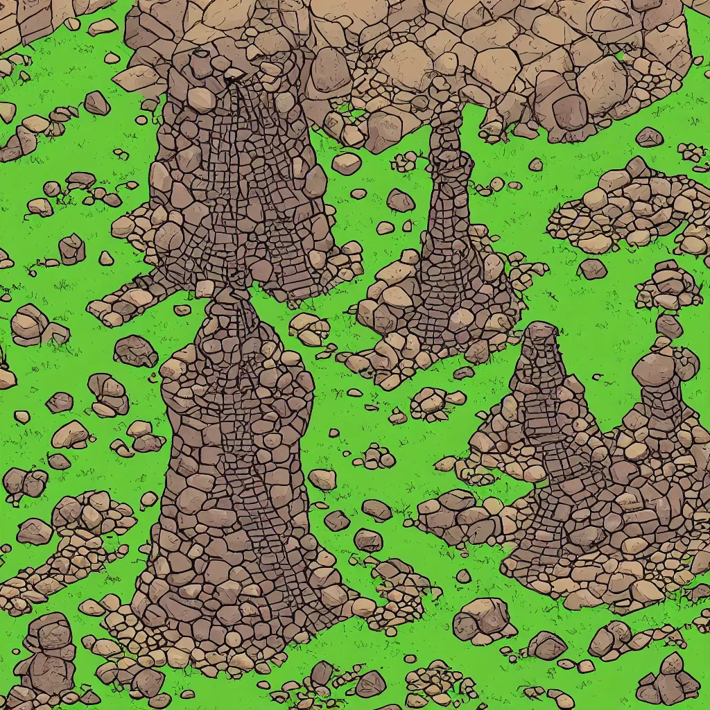 Image similar to ground, tree, rock and wizard tower, on a game tileset, lineart