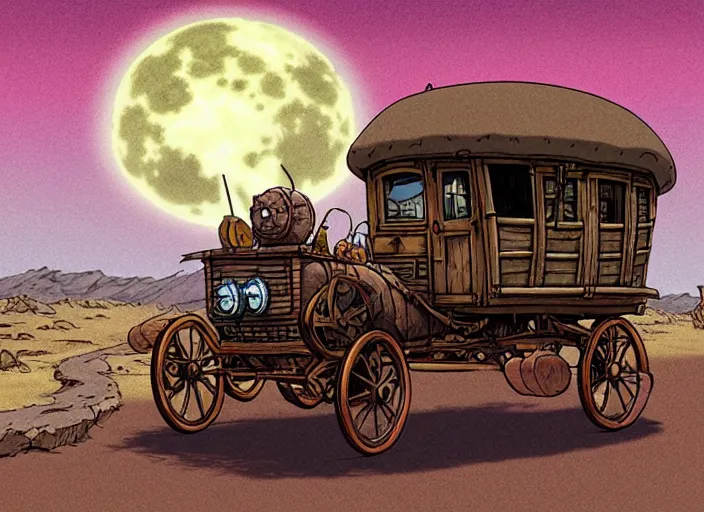 Image similar to a cell shaded cartoon of a lovecraftian tortoise stage coach from howl's moving castle ( 2 0 0 4 ), on a desert road, in front of a pale full moon, full body, wide shot, very dull colors, post grunge, studio ghibli, laurie greasley, highly detailed, deviantart, art by artgem