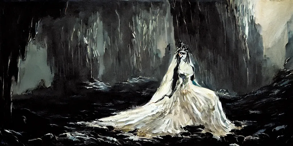 Image similar to a dead girl dressed as a bride lying in a dark cave bridal crown. radiant light, detailed and intricate environment, digital art, trending on art station kvlt by peder balke by peder balke by greg rutkowski, by guido crepax by norman bluhm by greg rutkowski mystic high contrast monochromatic noir