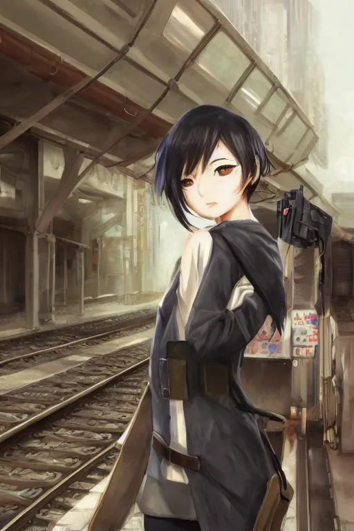 Image similar to anime girl with short black hair wearing military clothes at a train station in japan, aesthetic, wlop, digital painting, trending on artstation, highly detailed, epic composition, 8 k uhd