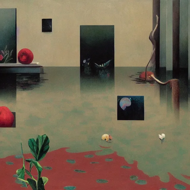 Prompt: painting of flood waters inside an apartment, tall female emo art student, a river flooding indoors, pomegranates, pigs, ikebana, water, river, rapids, waterfall, black swans, canoe, berries dripping, acrylic on canvas, surrealist, by magritte and monet