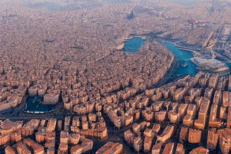 Image similar to dron views of dystopian barcelona city covered with water, global warming, sunset lighting, photo real