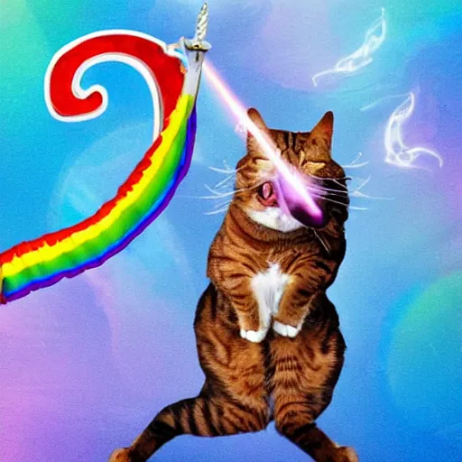 Prompt: photo of a cat breathing fire and holding a sword above its head while riding a unicorn. the unicorn is vomiting rainbows.