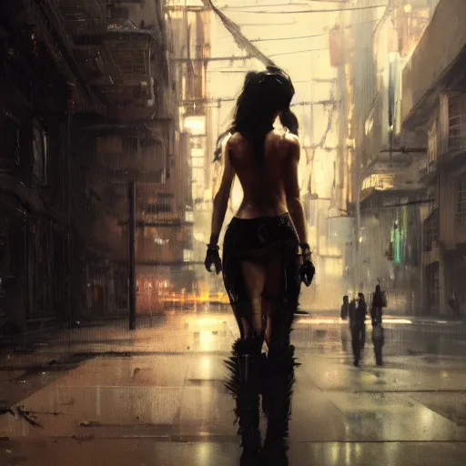 Prompt: back view a beautiful girl, cyberpunk, intimate, high quality, assurance purposes, city, spotlight, passionate, by greg rutkowski, by jeremy mann, 4 k, 8 k, fine body