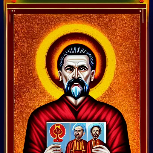 Image similar to the icon of stalin, with halo of fire, scary orthodox icon in hellish style, scary color art in 4 k