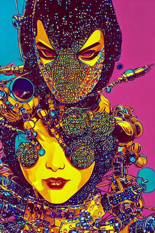 Image similar to risograph grainy drawing vintage sci - fi, satoshi kon color palette, gigantic beautiful bejeweled armored woman full - body covered in colourful gems, 1 9 6 0, kodak, metal wires, natural colors, codex seraphinianus painting by moebius and satoshi kon and alberto mielgoб extreme close - up portrait