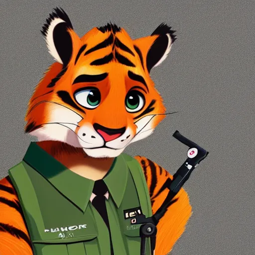 Image similar to “portrait of tiger in the style of the movie zootopia holding a laser gun, 4k, digital art, award winning”