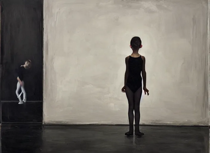 Prompt: young ballerina training in a big dark room, painted in style of marlene dumas, andreas gursky, oil painting, dripping paint, intricate details, lonely, psychologic, melancholic, symmetrical face, hyper detailed