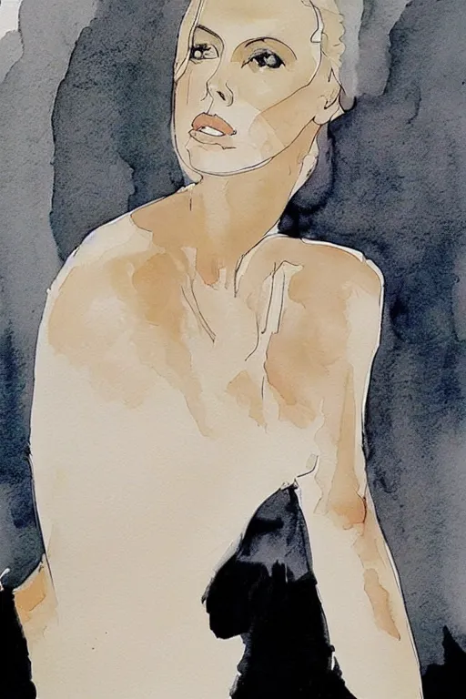 Image similar to beautiful portrait of Charlize Theron by Milo manara and David downton, colorless, silent, watercolor