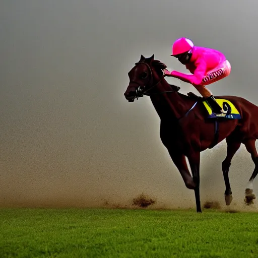 Prompt: close - up front view of a racing thoroughbred stallion ( with jockey in colorful outfit ) galloping extremely hard and emerging headfirst out of very dense ground fog to win a race at the track.