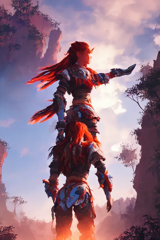 Image similar to combination suit armor aloy horizon forbidden west horizon zero dawn radiating a glowing aura global illumination ray tracing hdr fanart arstation by ian pesty and alena aenami artworks in 4 k tribal robot ninja mask helmet backpack