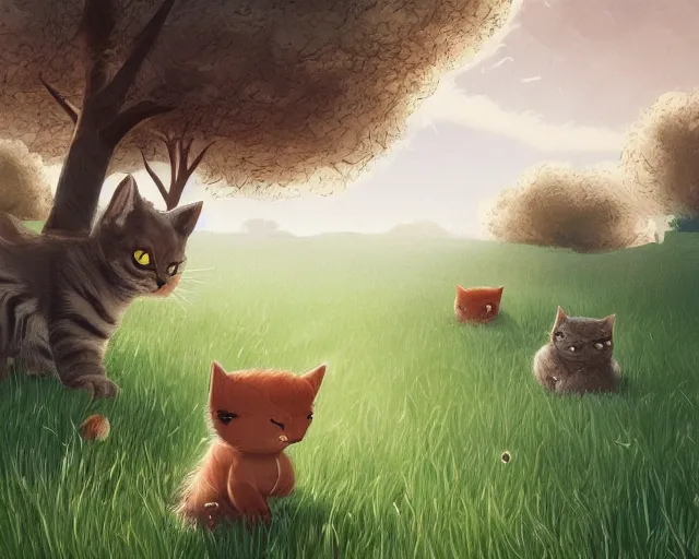 Prompt: illustration of a cute cat in a battle with other cats, grassy field with trees in the background, concept art, artstation, amazing, beautiful, cinematic composition