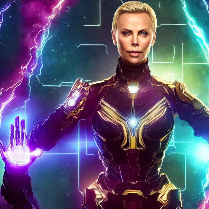 Prompt: portrait of (Charlize Theron), wearing The Infinity Gauntlet. (((infinity stones))) intricate artwork. octane render, trending on artstation, very coherent symmetrical artwork. avengers. thanos. cinematic, hyper realism, high detail, octane render, 8k, iridescent accents