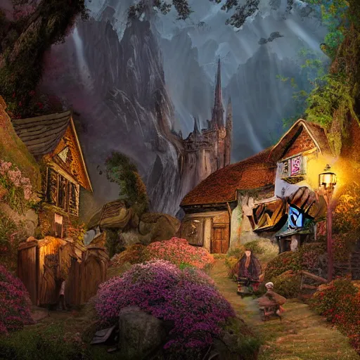 Prompt: my precious! - gollum / smeagol - the hobbit - j. r. r. tolkien - a medieval village in switzerland, ornate, beautiful, atmosphere, vibe, flowers, concept art illustration, greg rutowski, volumetric lighting, sunbeams, particles