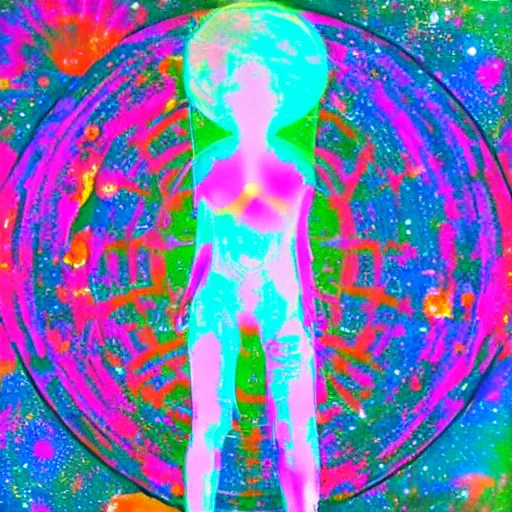 Image similar to A psychedelic silhouette of a human body filled with the universe, planets, stars and galaxies