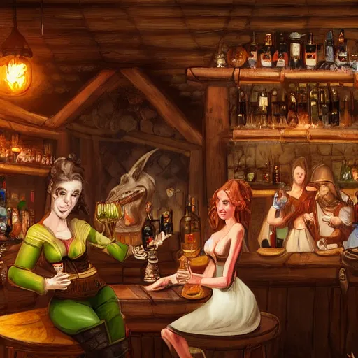 Image similar to medieval tavern with barmaid and patrons drinking, artstation, fantasy, high details, digital art