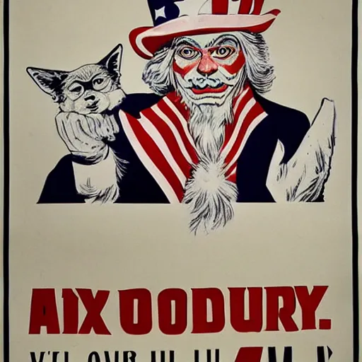 Image similar to fox animal dressed as uncle sam, ww 2 style propaganda poster