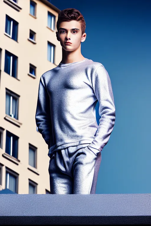 Image similar to un ultra high definition studio quality photographic art portrait of a young man standing on the rooftop of a british apartment building wearing soft padded silver pearlescent clothing. three point light. extremely detailed. golden ratio, ray tracing, volumetric light, shallow depth of field. set dressed.