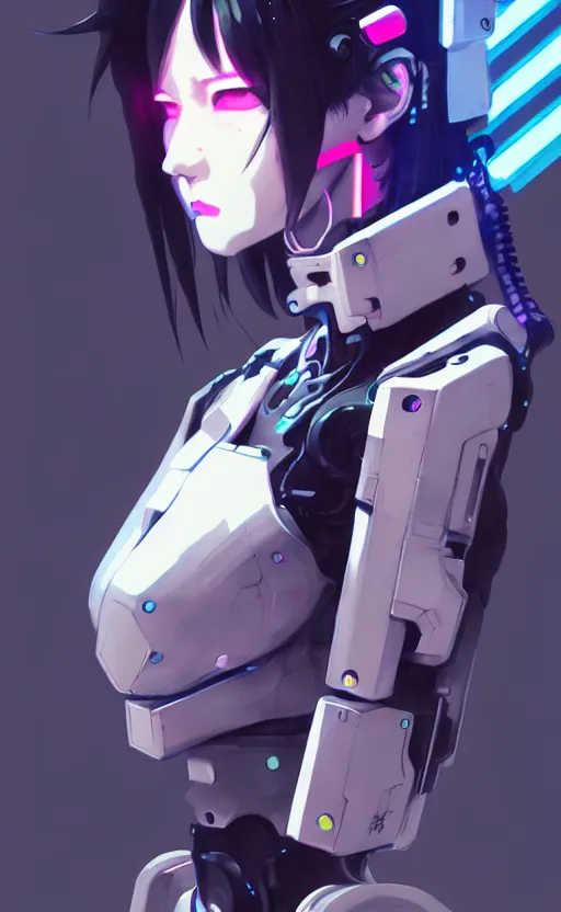 Image similar to cyberpunk anime girl mech, cyberpunk accessory, side view, 3 / 4 shot, street night, beautiful face, grafity, arcane, detail, good face, pose model, concept art, in style of yoji shinkawa, pan ren wei, col price, atey ghailan, by greg rutkowski, aesthetic, digital painting, 3 d