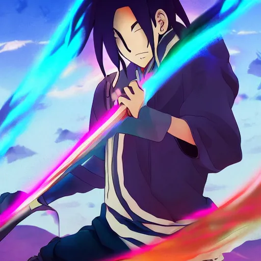 Prompt: guy behind colorful sky in demon slayer art, anime style, 4k , detailed, detailed face, high quality, smooth, sharp focus, beautiful scene,