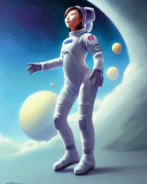 Image similar to concept art of an astronaut girl, wearing a tight astronaut suit, floating through space | | cute - fine - fine details by stanley artgerm lau, wlop, rossdraws, james jean, andrei riabovitchev, marc simonetti, and sakimichan, trending on artstation