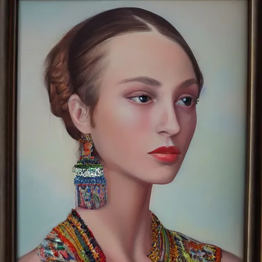 Image similar to hyperrealism oil painting, portrait of fashion model in traditional ukrainian vyshyvanka