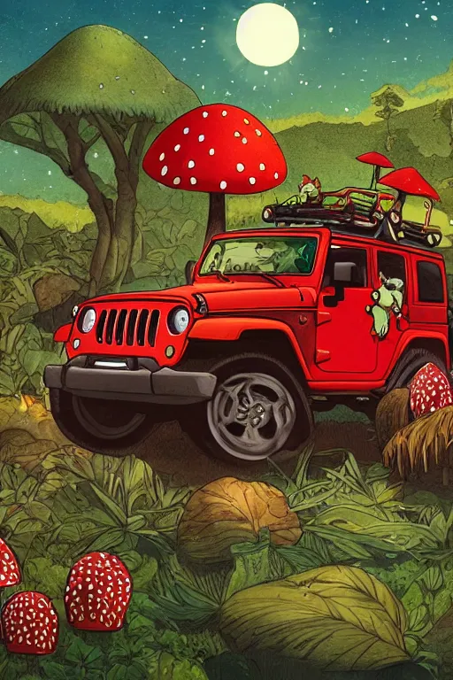 Image similar to gorilla driving a jeep holding a amanita muscaria, sunshine, by alba ballesta gonzalez and moebius. 4 k wallpaper, digital flat 2 d, japan animation, comic book, illustration, cinematic lighting, smooth sharp focus.