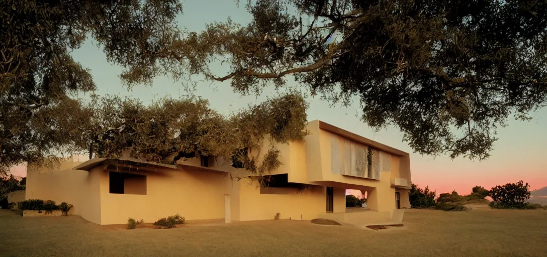 Image similar to house designed by dali and david lynch at sunset. fujinon premista 1 9 - 4 5 mm t 2. 9. portra 8 0 0.