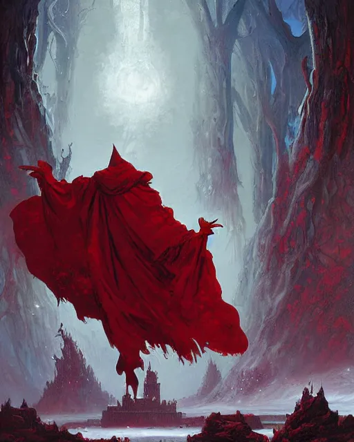 Image similar to a fantasy painting with a wizard in red robes in the foreground of a surreal environment by greg rutkowski and michael whelan