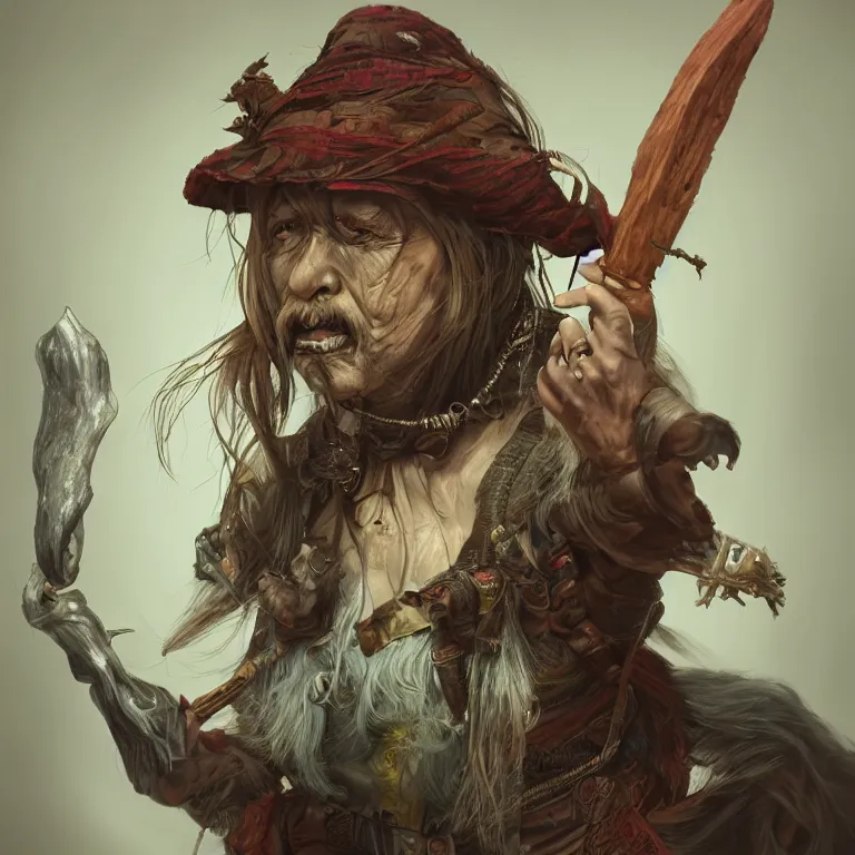 Prompt: a hyperrealistic fantasy portrait illustration of Baba-Yaga. Trending on ArtStation. In the style of Jason Chan, Tuomas Korpi and WLOP.