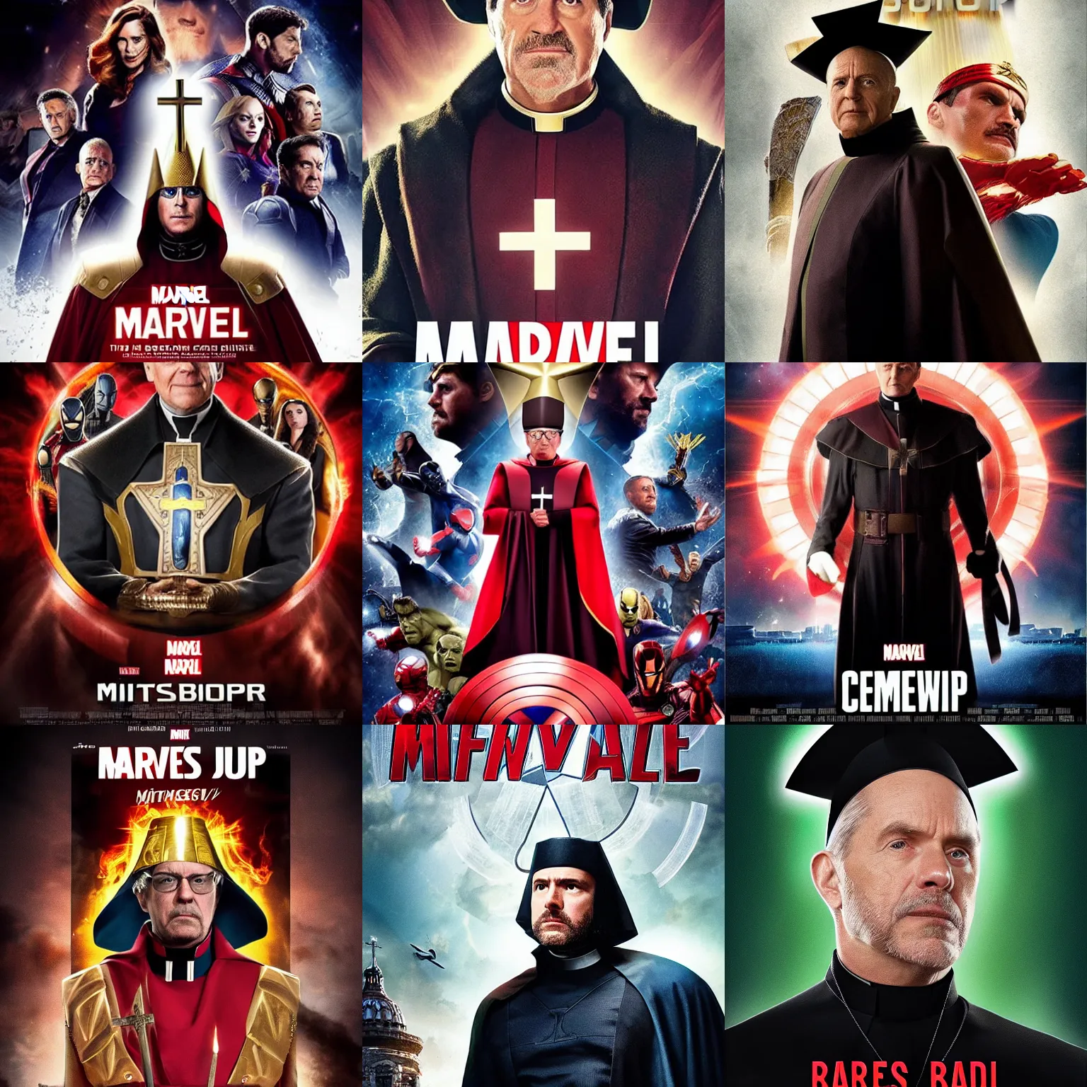 Prompt: Marvel movie poster for a badass catholic bishop wearing a mitre hat