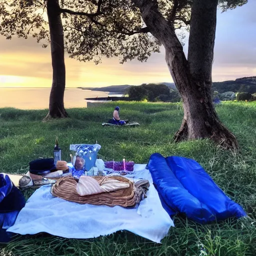 Prompt: a wonderful picnic beneath blue sky with puffy clouds the day glorious with portend and omen as fireworks light the encroaching twilight on the horizon