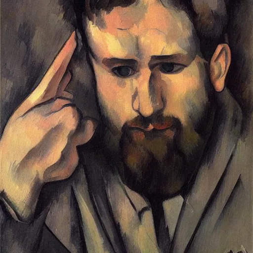 Prompt: A sad, melancholic, expressionless face that is trying to hold in anger, male face, tears, dark aesthetic, can\'t escape the sad expression, digital, trending on artstation, art by Paul Cezanne