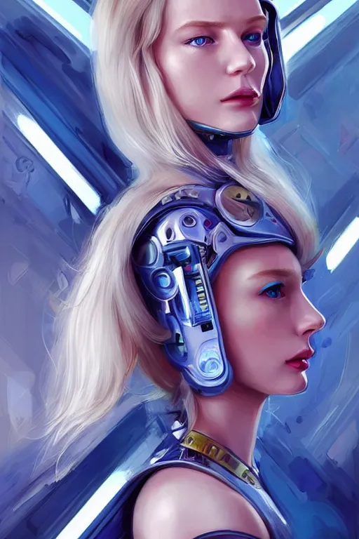 Image similar to portrait futuristic beautiful northern europe Airforce armored pilot Girl, long blonde hair, blue eyes, at inside of future fighter aircraft, ssci-fi, fantasy, intricate, very very beautiful, elegant, human anatomy, neon light, highly detailed, digital painting, artstation, concept art, soft light, smooth, sharp focus, illustration, art by tian zi and WLOP and alphonse mucha