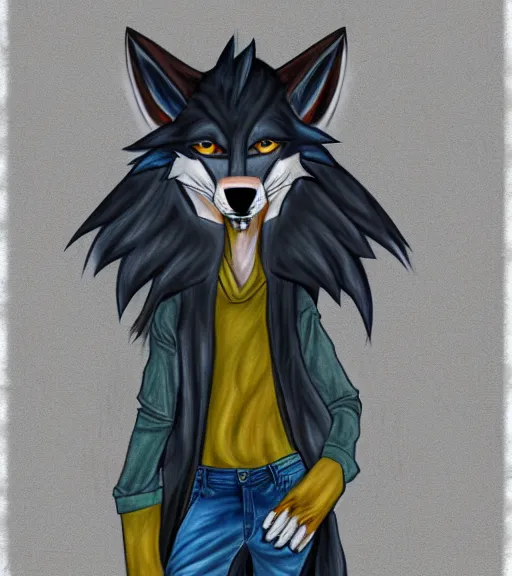 Image similar to expressive stylized master furry artist digital colored pencil painting full body portrait character study of the sergal wolf small head fursona animal person wearing clothes jacket and jeans by master furry artist blotch