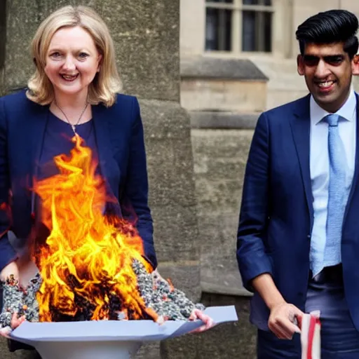 Image similar to Liz truss and Rishi sunak at parliament burning piles of money. Daily Telegraph.