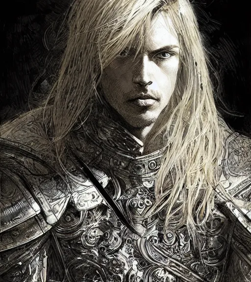 Image similar to portrait of long hair blond man in armor, pen and ink, intricate line drawings, by craig mullins, ruan jia, kentaro miura, greg rutkowski, loundraw