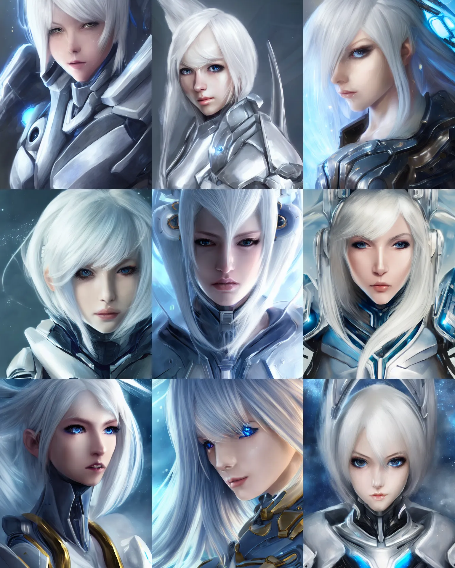 Prompt: detailed portrait of perfect white haired girl, android, warframe armor, beautiful, dreamy, pretty face, blue cyborg, eyes, scifi, 4 k, blue, gold, sun yunjoo, ultra realistic, aura of light, cinematic lighting, highly detailed, sharp focus, masterpiece, art by akihito tsukushi