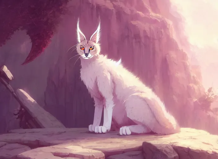 Image similar to cute fluffy caracal wearing white cultist robe, details, fantasy, epic, sacrificial altar, landscape illustration concept art anime key visual trending pixiv fanbox by wlop and greg rutkowski and makoto shinkai and studio ghibli and kyoto animation symmetrical facial features