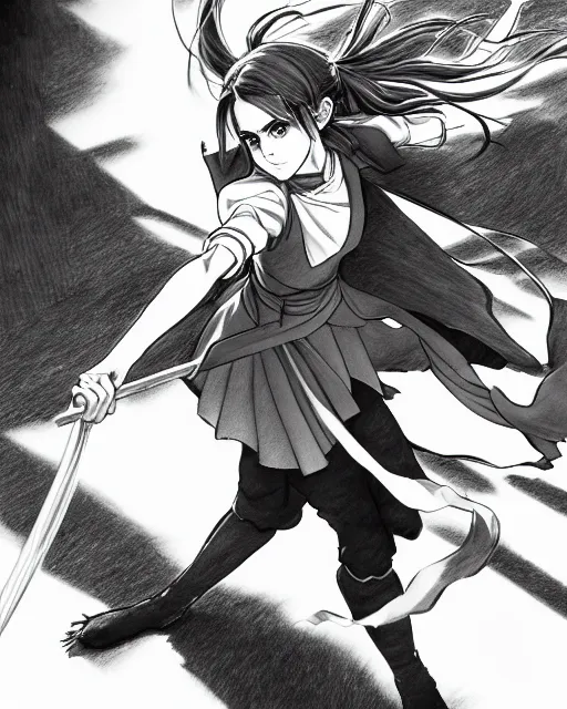 Image similar to a very detailed pencil drawing of emma watson in demon slayer manga panel, action lines, in field high resolution, dynamic pose, landscape, portrait, action, hyper realistic, manga, koyoharu gotouge, sakuga