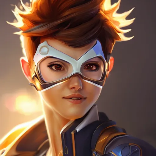 Image similar to tracer overwatch portrait, close up, concept art, intricate details, highly detailed photorealistic in the style of michael komarck, joel torres, seseon yoon, artgerm and warren louw