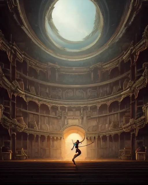 Image similar to lara croft exploring an italian opera house with numerous musclebound male goons patrolling the area, by wlop, greg rutkowski and peter mohrbacher, extremely detailed shading, concept art, digital painting, trending on artstation, unreal engine 5, octane render, atmosphere, lens flare, glow, cinematic lighting, full of color